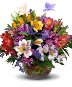 Beautiful alstroemeria accented with Australian waxflower and playful butterflies.