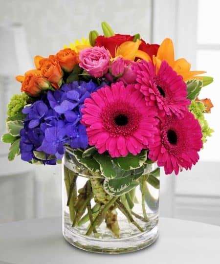 This bouquet is blooming with vibrant colors to bring a smile and delight to the face of that special recipient. Orange roses, pink Gerbera daisies, blue hydrangea and more are nestled together to create this eye catching design
