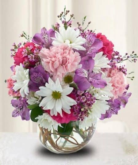 You couldn't find a more perfect floral arrangement! This cute bubble bowl design is stuffed with bright and cheery white daisies, pink carnations and purple alstroemeria. When you want to send a pretty gift that makes a joyful statement, send Welcome Spring and have them smiling all week!
